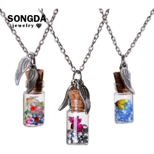 SONGDA Make A Wish Glass Vial Statement Necklace Natural Dried Flowers with Rhinestone In Wishing Bottle Long Necklace Jewelry