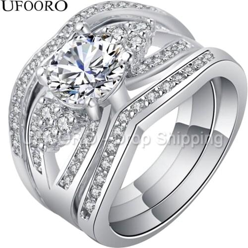 UFOORO Luxury Bridal Ring Set For Women Princess Paved Micro Zircon Crystal Triple Rings Set Wedding Jewelry