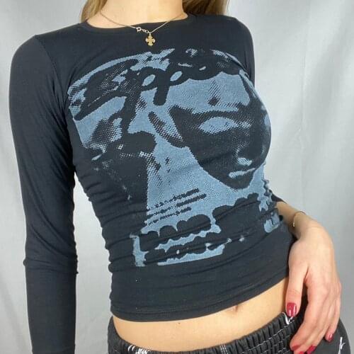 Y2K Female Tops Adults Human Face Print Round Collar Long Sleeve T-Shirt Blouse for Women, Pink/White/Black/Red