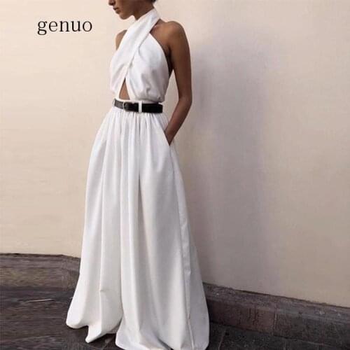 Wide Leg Pants Womens Sexy Backless Halter Hollow Out Criss-cross White Jumpuits Rompers Woman Fashion Long Trousers Flare Pant