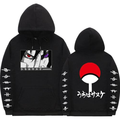 Japanese Streetwear Anime Naruto Hoodies Loose Coat Fleece Uchiha Sasuke Akatsuki Hoodie Sweatshirt Unisex Clothes Black white