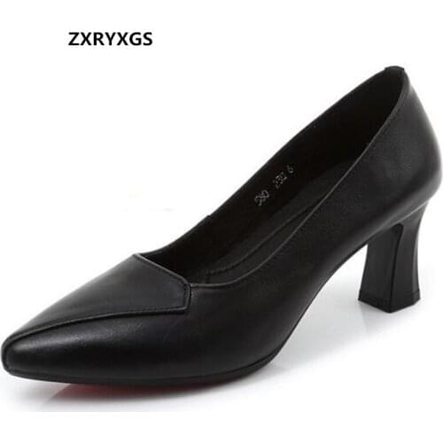 2020 New Genuine Leather Shoes High Heels Pointed Toe Black Professional Formal Wear Work Shoes Womens Shoes Shoes Size 32-40