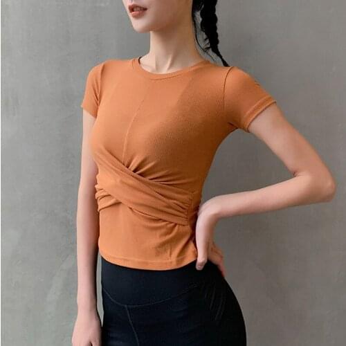 Women Front Cross Spring New Short Sleeves Yoga Shirts Summer Sports Running T-shirts Elastic Sexy Comfortable Sofit Fitness