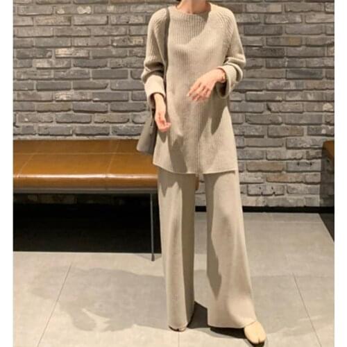 Sets Women Knitted Fashion Elegant Suits Autumn Office Casual Loose Solid Long Sleeve Wide Leg Pants Female Mujer De Moda Sets