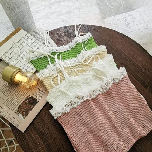 OUMEA Women Knitting Spaghetti Cami Top Lace Neckline Skinny Sexy Knitted Camisole Slim Fit Korean Style Sweet Going Out Tops