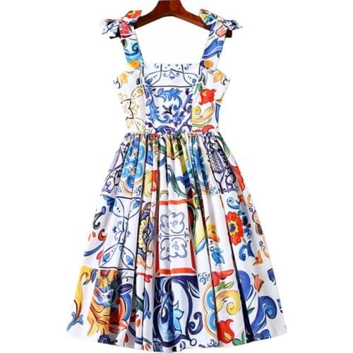Elegant Fashion Runway Summer Dress 2021 Womens Bow Spaghetti Strap Sundress Blue And White Porcelain Floral Print Long Dress