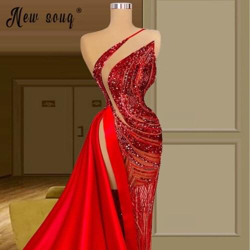 Luxury Crystals One Shoulder Red Evening Dress Mermaid High Split Side Women Prom Gowns Robe Soiree Birthday Party Wear