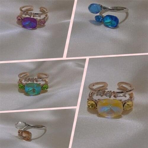 2020 New Japan Shiny Color Geometric Crystal Double Layer Open Adjustable Metal Ring for Women Girls Party Jewelry-A