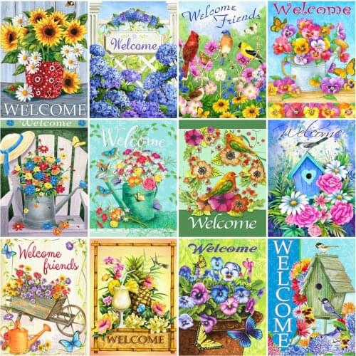 HUACAN Full Square/Round Diamond Painting Flower Cross Stitch Diamond Embroidery Bird Mosaic Welcome Home Decor