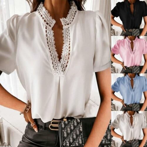 Summer Women Blouses White Lace Stitching Short-sleeved Shirt 2021 Casual Top Femme Clothing Beautiful Shirts