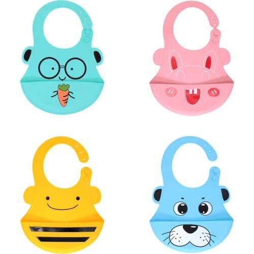 Baby Kids Bib Cute Cartoon Adjustable Soft Silicone Baby Bib Pocket Groove Aprons for Infants Toddlers Baby Feeding Accessories