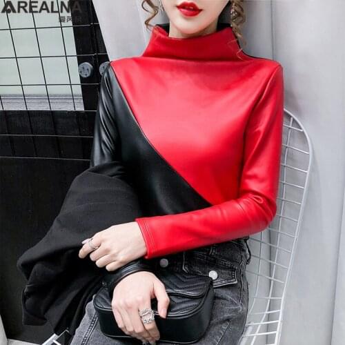 Plus size PU Leather T-Shirt Women Hit Color Tops Harajuku Long Sleeve Turtleneck Shirts fall Winter Warm Velvet camiseta mujer