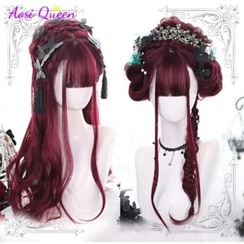 Harajuku Red wine Lolita Long Wavy Realistic Cosplay Party Wigs With Bangs For Women Wavy Wigs Synthetic Hair