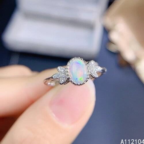 KJJEAXCMY fine jewelry 925 sterling silver inlaid natural white opal women fresh popular plant oval adjustable gem ring support