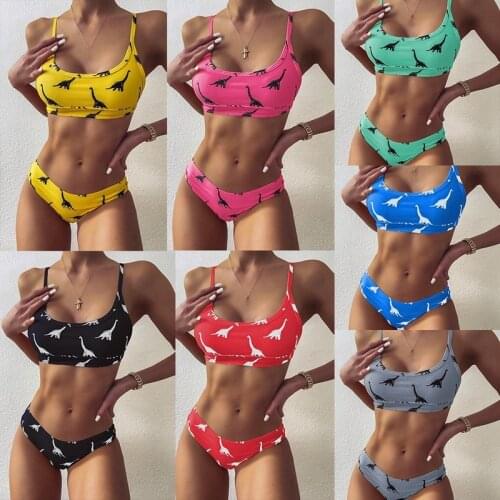 Cartoon Print Bikinis Sexy Swimsuits Pink Swimwear Women Dinosaur Printing Biquini Beachwear 2021 Strap Bathing Suits Bikini Set