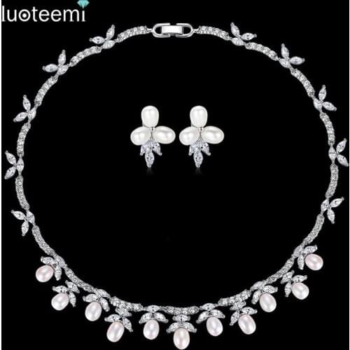 LUOTEEMI New Delicate Bridal Wedding Jewelry Sets Natural Pearl with Shining Zirconia Choker and Earrings Party Accessories Gift