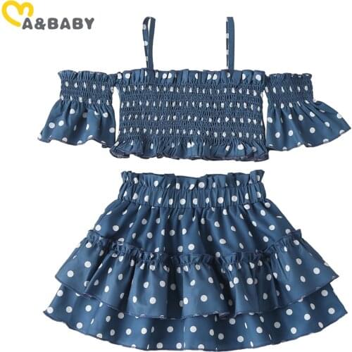 Ma&Baby 2-7Y Fashion Kid Girls Clothes Set Off Shoulder Crop Tops Ruffles Skirts Dot Print Fashion Outfits DD43