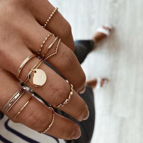 Fashion Punk Minimalist Twisted Circle Ring Set Women Bohemian Gold Pendant Round Geometric Ring Vintage Trendy Jewelry Gift