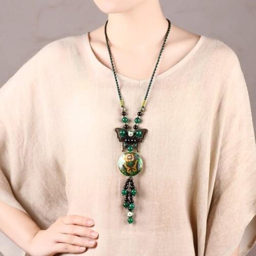 Original Luxury ethnic cloisonne necklace green stone jewelry ,new handmade exaggerate brass butterfly vintage necklace