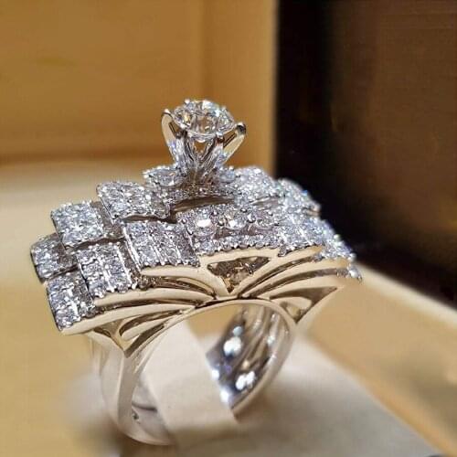 Luxury 2Pcs/set Cubic Zirconia Big Wedding/Engagement Rings For Women Silver Color Womens Ring Jewelry Drop Shipping