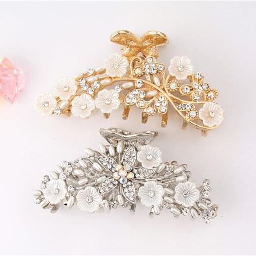 Luxury Rhinestone Metal Hair Claw Crab Hairpin Fashion Elegant Crystal Flower High-end Alloy Hair Clips Pins Hairgrips Wholesale