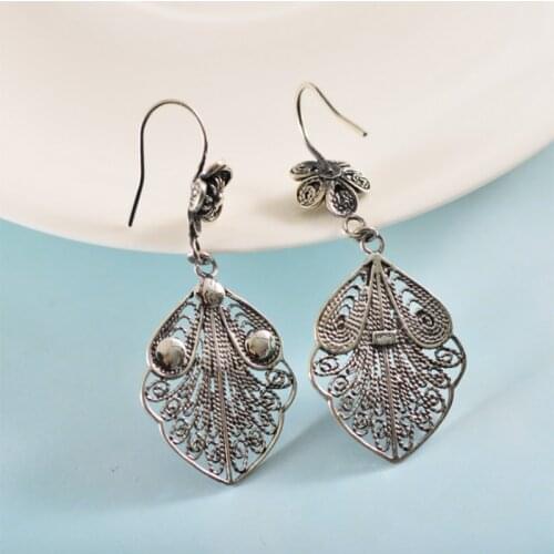 Real S925 Sterling Silver National Style Personality Fashion Leaf Flower Butterfly Wing Earrings Exquisite Charm Jewelry