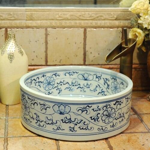 Bthroom Counter Top Wash Basin Cloakroom Hand Painted Vessel Sink bathroom sinks Blue and white art ceramic wash basin