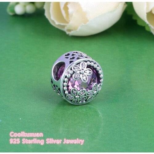 Spring Original 925 Sterling Silver Dazzling Daisy Meadow Pink & Clear CZ Charm beads Fits Brand Bracelets Diy Jewelry