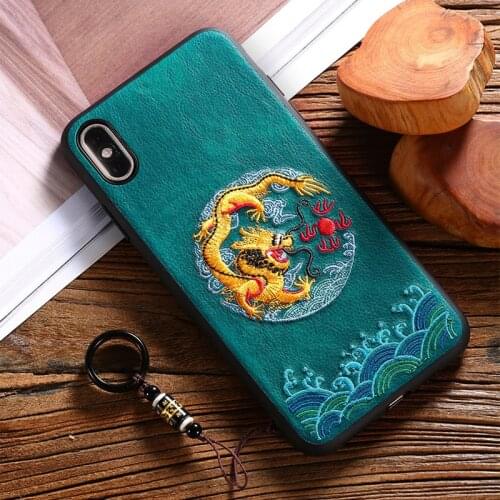 Embroidery Cases for iPhone 12 11 Pro XS Max Mini XR X 7 8 Plus 6s Case Handmade PU Leahter Shockproof Cover Lanyard Ring Funda