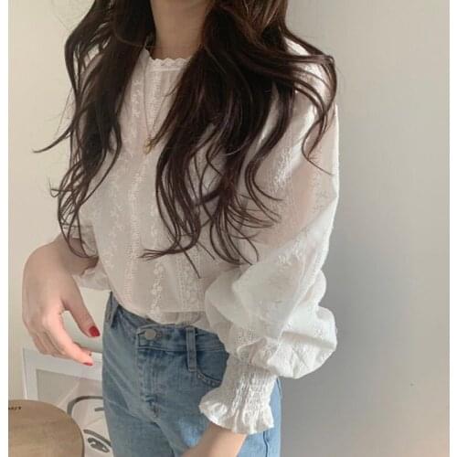 Embroidery Lace Shirt Spring Women Long Sleeve Linen Cotton Girls Blouse Femme Casual White Tops Women Blouses Plus Size