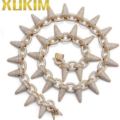 Xukim Jewelry AAA Cubic Zirconia Iced Out Rivet Spike Chain Link Mens Necklace Hip Hop Jewelry 18 inch Gold/Silver