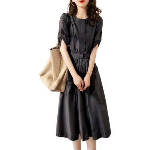 Lace dress women spring 2021 new fashion temperament thin round neck solid color short-sleeved skirt