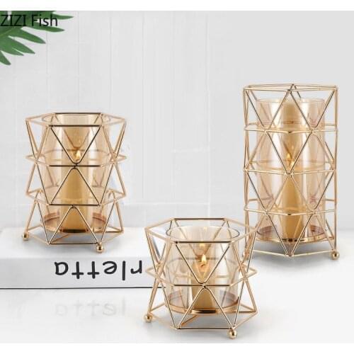 Golden Metal Candle Geometric Hollow Cylinder Candle Holder Iron Tower Candlestick Party Wedding Centerpieces Vintage Home Decor