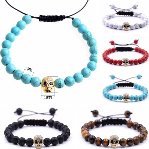 10pcs Wholesales Adjustable Natural Crystal Stone Bead Bracelet Female Micro CZ Skull Charm Braiding Macrame Bangle For Women