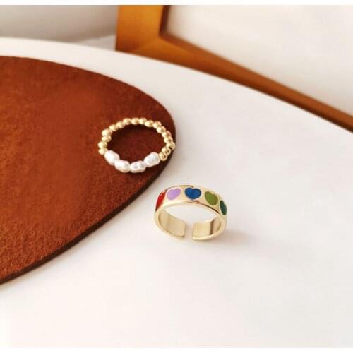 2PC/Set Vintage Bohemia Colorful Enamel Love Heart Ring Cute Simple Metal Gold Silver Color Rings for Women Punk Rock Jewelry