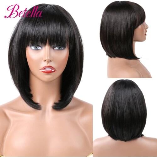 Betella Short Bob Wig With Bangs for Women Synthetic Bob Wigs Black Wig for Party Daily Use Shoulder Length