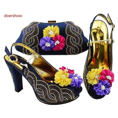 Doershow Italian Shoes with Matching Bags for Wedding Italy Woman Italian Shoes and Bags Set Decorated with flowers SJZS1-1