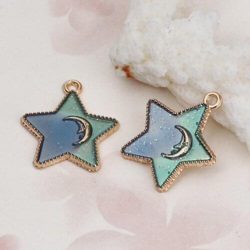 DoreenBeads Zinc Based Alloy Galaxy Charms Pentagram Star Gold Blue & Green Moon Glitter Enamel DIY Findings 23mm x 21mm, 20 PCs