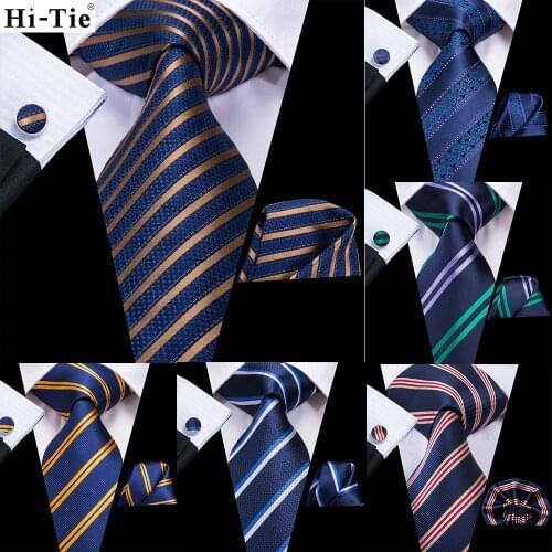 Hi-Tie Gift Men Necktie Navy Blue Striped Silk Wedding Tie For Men Hanky Cufflink Set Business Party Dropshipping Fashion Design