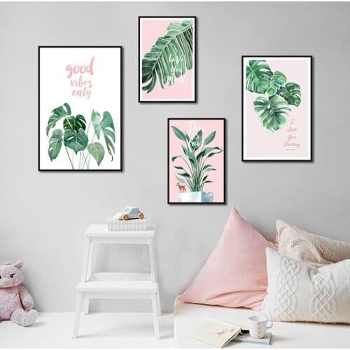 Pink Girl Heart Canvas Poster Green Watercolor Leaf Art Style Poster Canvas Painting Nordic Poster Modern Home Wall Decoration