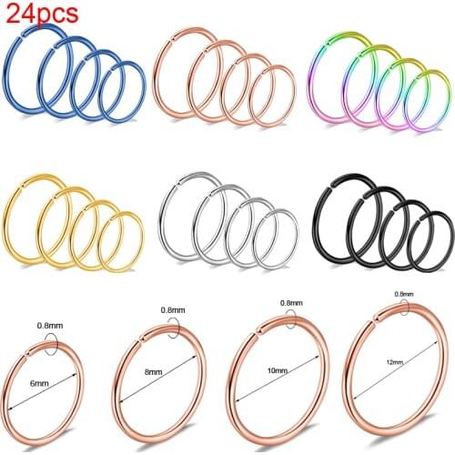 24Pcs 20G Stainless Steel Septum Nose Rings for Women Man Round Fake Septum Clicker Piercing Hoop Clicker Cartilage Earrings