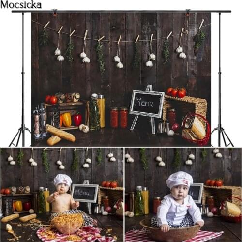 Mocsicka kitchen Birthday Photography Backdrop vegetables Garlic Wooden Board Decor Photocall Photo Background For Photo Studio