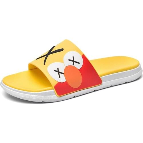 Mens Summer Cool Beach Slippers Carton Print Women Flip Flops Male Fashion Slippers Yellow Outdoor Sandals EVA Light Weight