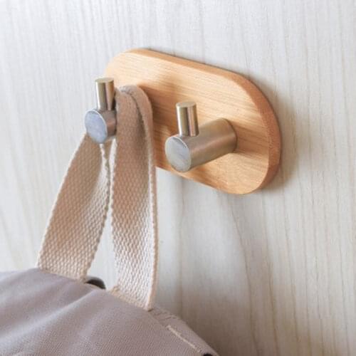 Stainless Steel Natural Bamboo Hook Wall Clothes Bag Headphone Key Hanger Kitchen Bathroom Door Towel Rustproof Shelf WJ602