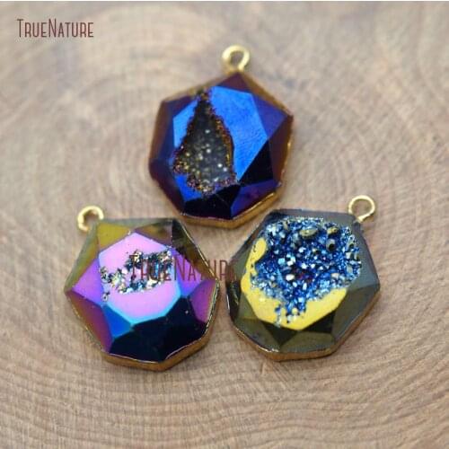 Wholesale Tiny Hexagon Charm For Necklace Titanium Color Agates Raw Faceted Druzy Geode Pendant Jewelry 20*16 mm PM8861