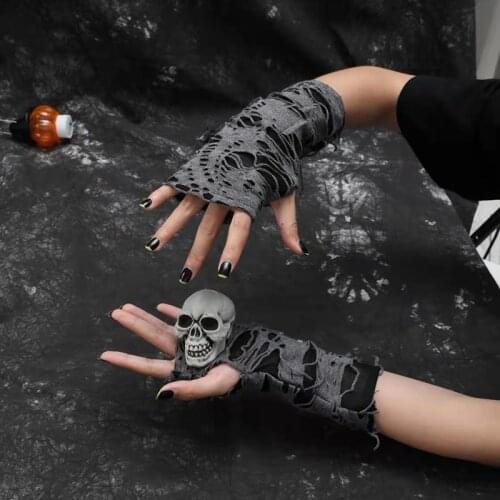 Helisopus Fashion Women Half Finger Beggar Style Gloves for Halloween Black Ripped Punk Dark Cosplay Decoration Accessories