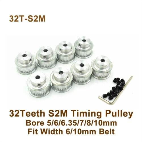 POWGE 32 Teeth S2M Timing Pulley Bore 5/6/6.35mm Fit W=6/10mm STD2M Synchronous Belt 32T 32Teeth STD2M Timing Belt Pulley 32-S2M
