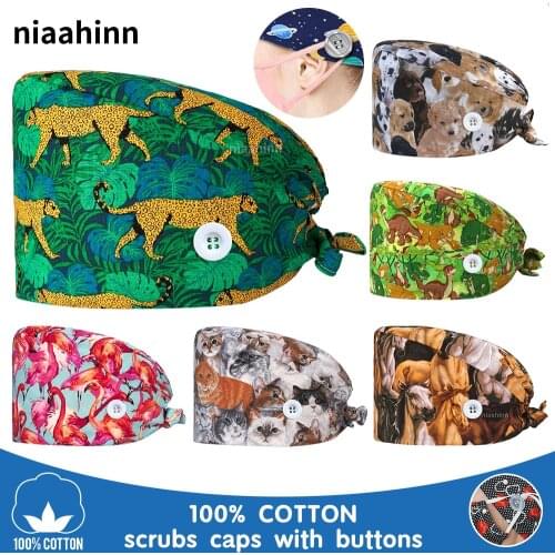 Adjustable Doctor Nurse Medical Working Hat Dental Surgical Caps Cotton Tie Unisex Print Operating Room Pet Hospital Medical Hat