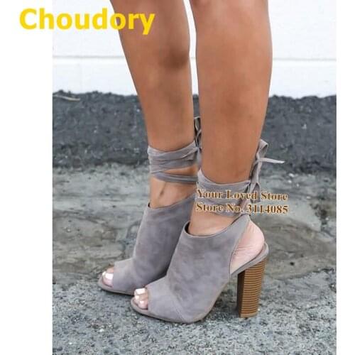 Choudory Wooden Stripe Chunky Heels Lace-up Sandals Grey Suede Peep Toe Dress Shoes Size46 Gladiator Pumps Dropship