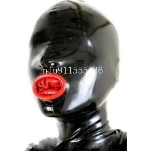 Sexy Exotic Lingerie Latex Hood with Red Mouth Condom Back Zip Fetish Hood Mask for Face Men